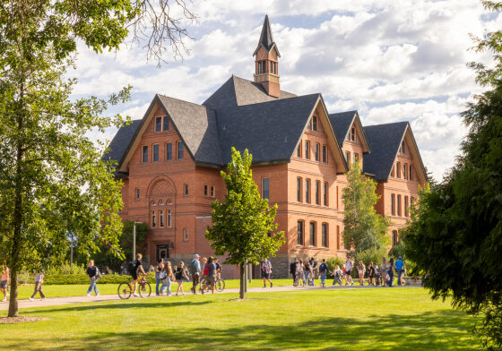 Historic University Building with Campus Life