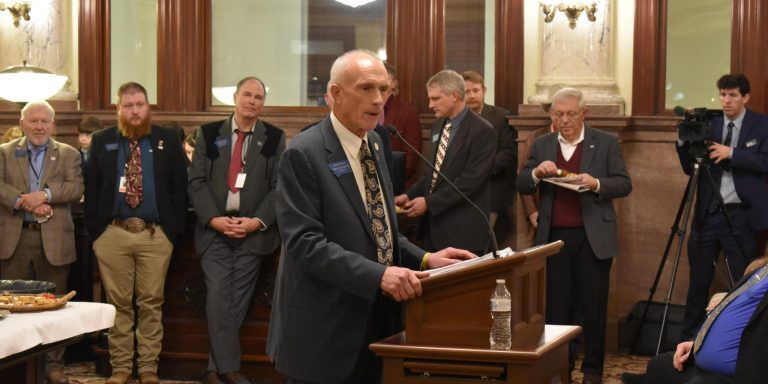 Rep. Jerry Schillinger addresses colleagues and public at "Celebrating Courage" Montana Freedom Caucus launch event January 19th. (Credit: Montana Freedom Caucus)