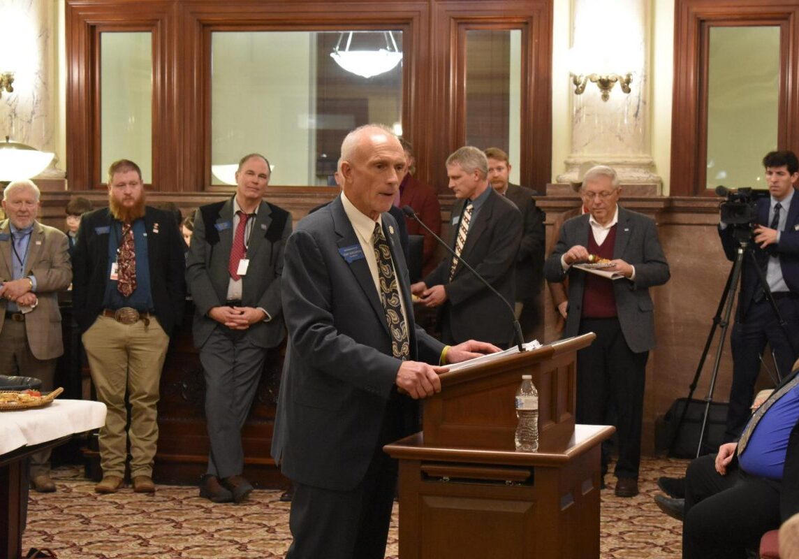 Rep. Jerry Schillinger addresses colleagues and public at "Celebrating Courage" Montana Freedom Caucus launch event January 19th. (Credit: Montana Freedom Caucus)