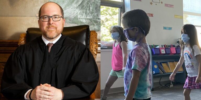 District Court Judge Jason Marks (left). Missoula County Public School students (right).