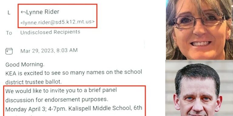 Email from school district account of Kalispell Education Association union President Lynne Rider organizing candidate forum at public facilities on public school campus. Lynne Rider (top right). Kalispell Superintendent Micah Hill (bottom right).