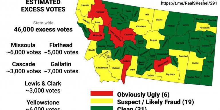 Election data analyst Seth Keshel's map of potential election fraud with estimated excess votes.