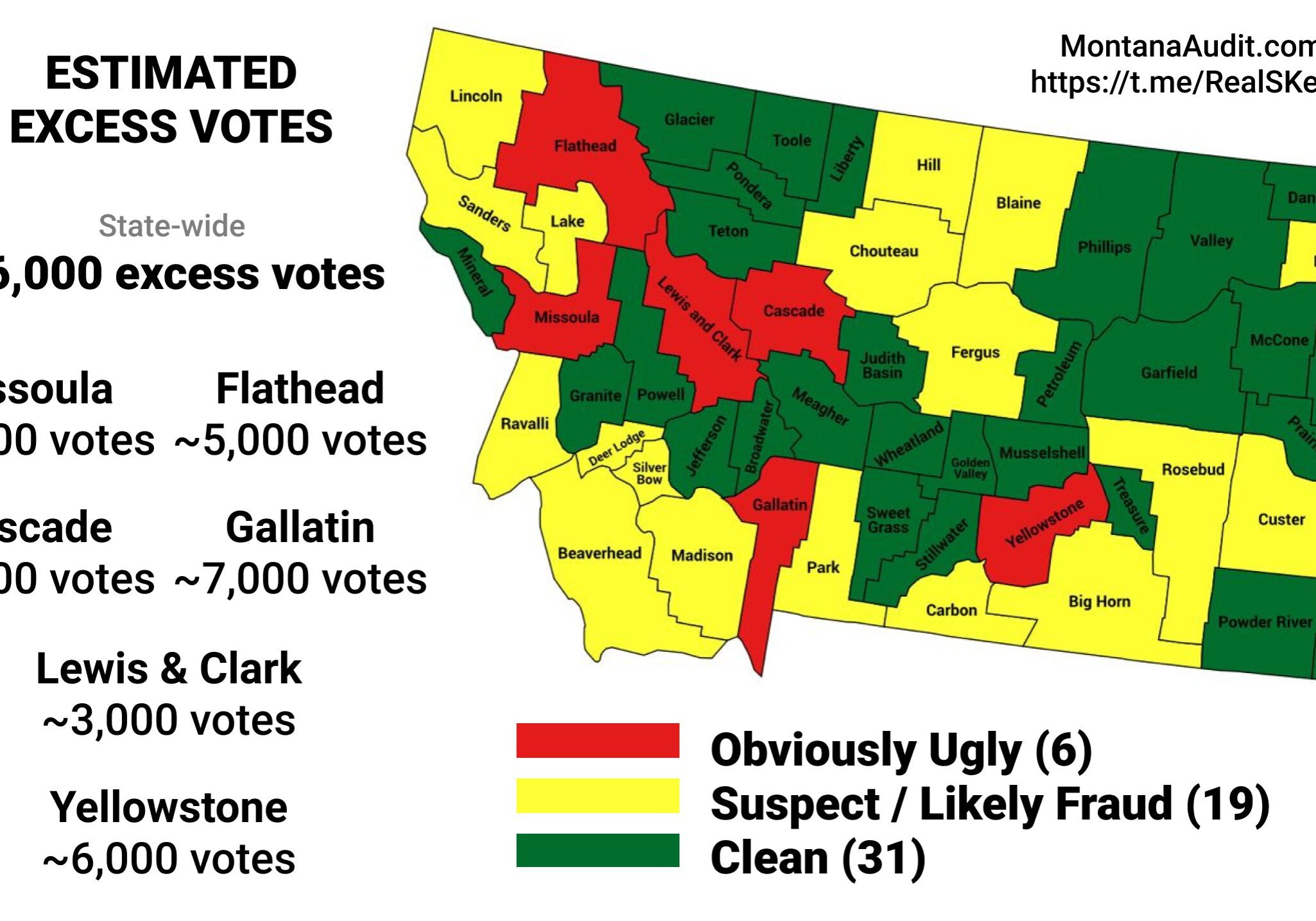 Election data analyst Seth Keshel's map of potential election fraud with estimated excess votes.