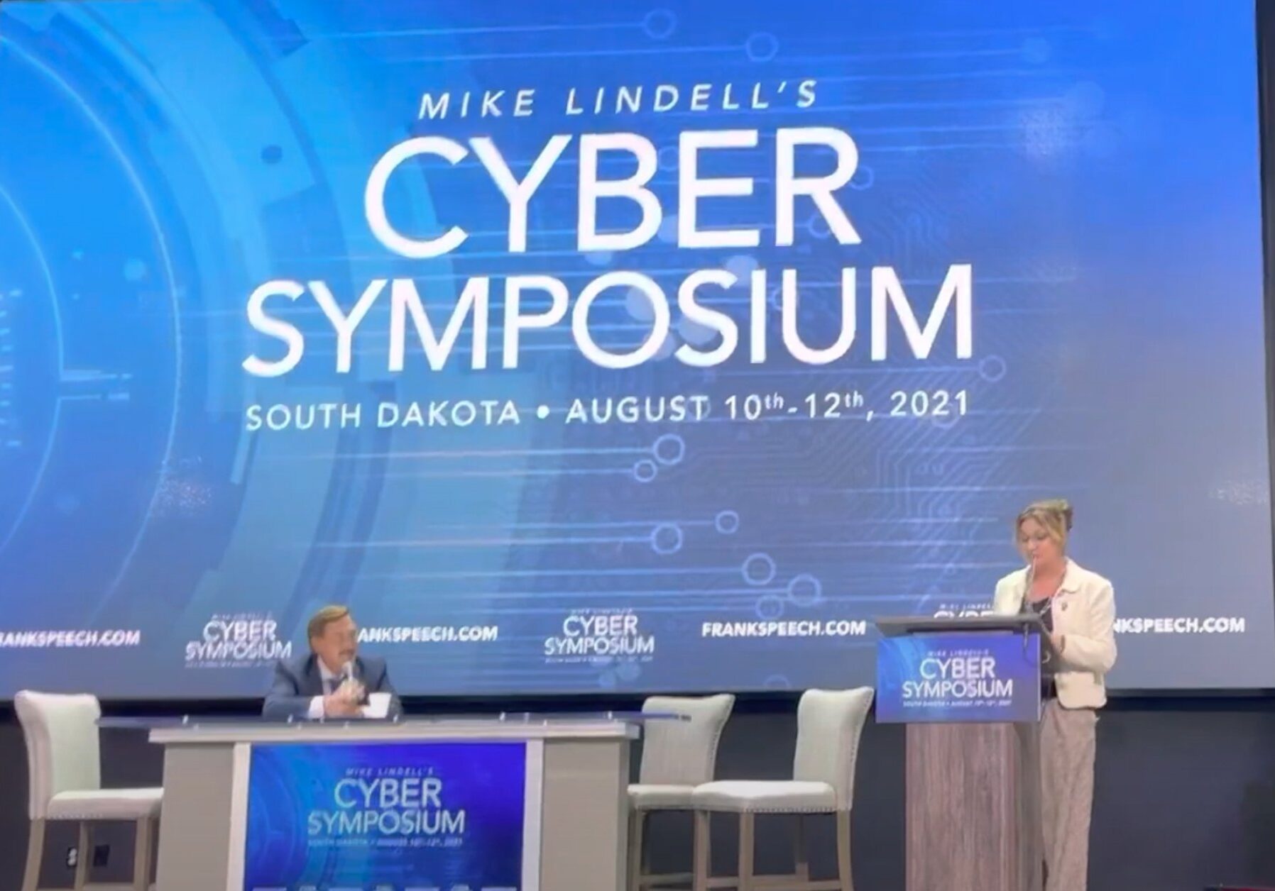State Rep (SD-44) Theresa Manzella (right) makes the case for audits in Montana at Mike Lindell's (left) Election Integrity Cyber Symposium.