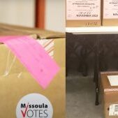 Marked boxes of affirmation envelopes from the 2020 General Election (right) missing pink seals typically used on boxes of election materials (left). Marked boxes of affirmation envelopes from the 2020 General Election (right) missing pink seals typically used on boxes of election materials (left).