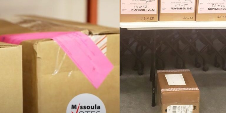 Marked boxes of affirmation envelopes from the 2020 General Election (right) missing pink seals typically used on boxes of election materials (left).