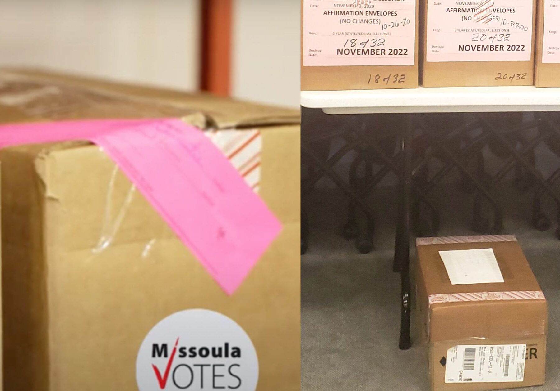 Marked boxes of affirmation envelopes from the 2020 General Election (right) missing pink seals typically used on boxes of election materials (left).