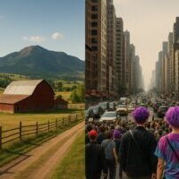 A visual contrast between rural Montana serenity and urban congestion, highlighting cultural and lifestyle divides. (Image generated by ChatGPT)