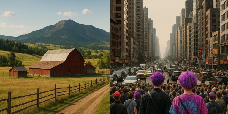 A visual contrast between rural Montana serenity and urban congestion, highlighting cultural and lifestyle divides. (Image generated by ChatGPT)