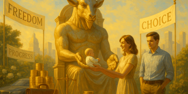 A young man and woman trade in their child for "freedom" and "choice" and wealth and power.