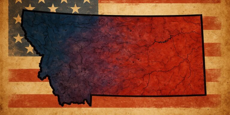 A weathered map of Montana bleeds red and blue over a faded American flag, symbolizing the state’s turbulent political identity—part frontier independence, part populist rebellion.