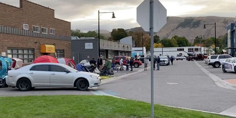 A homeless homeless encampment on Cedar Street behind The Poverello Center in Missoula. (Travis Mateer/ZoomChron)