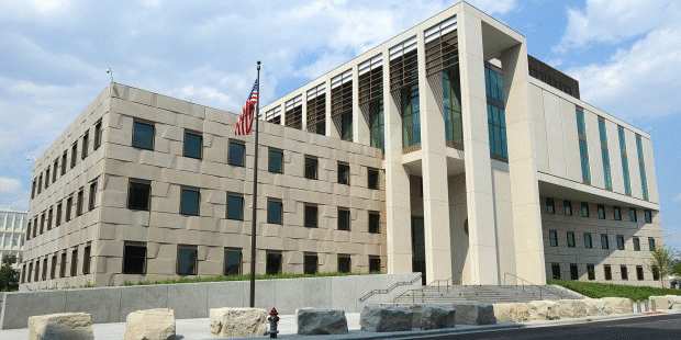 Modern Courthouse Exterior with American Flag