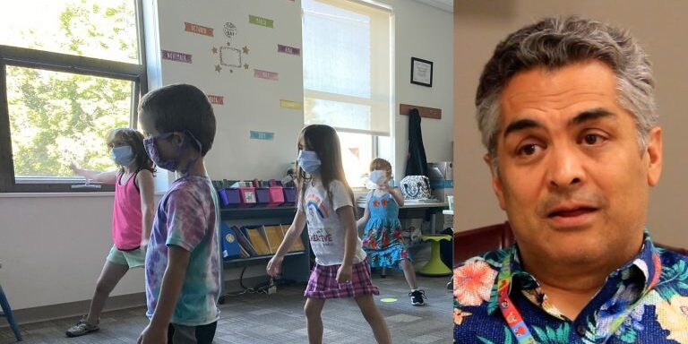 Missoula County Public School students (left) practice social distancing last August. Almost a year later Superintendent Rob Watson (right) plans to mandate masks again.