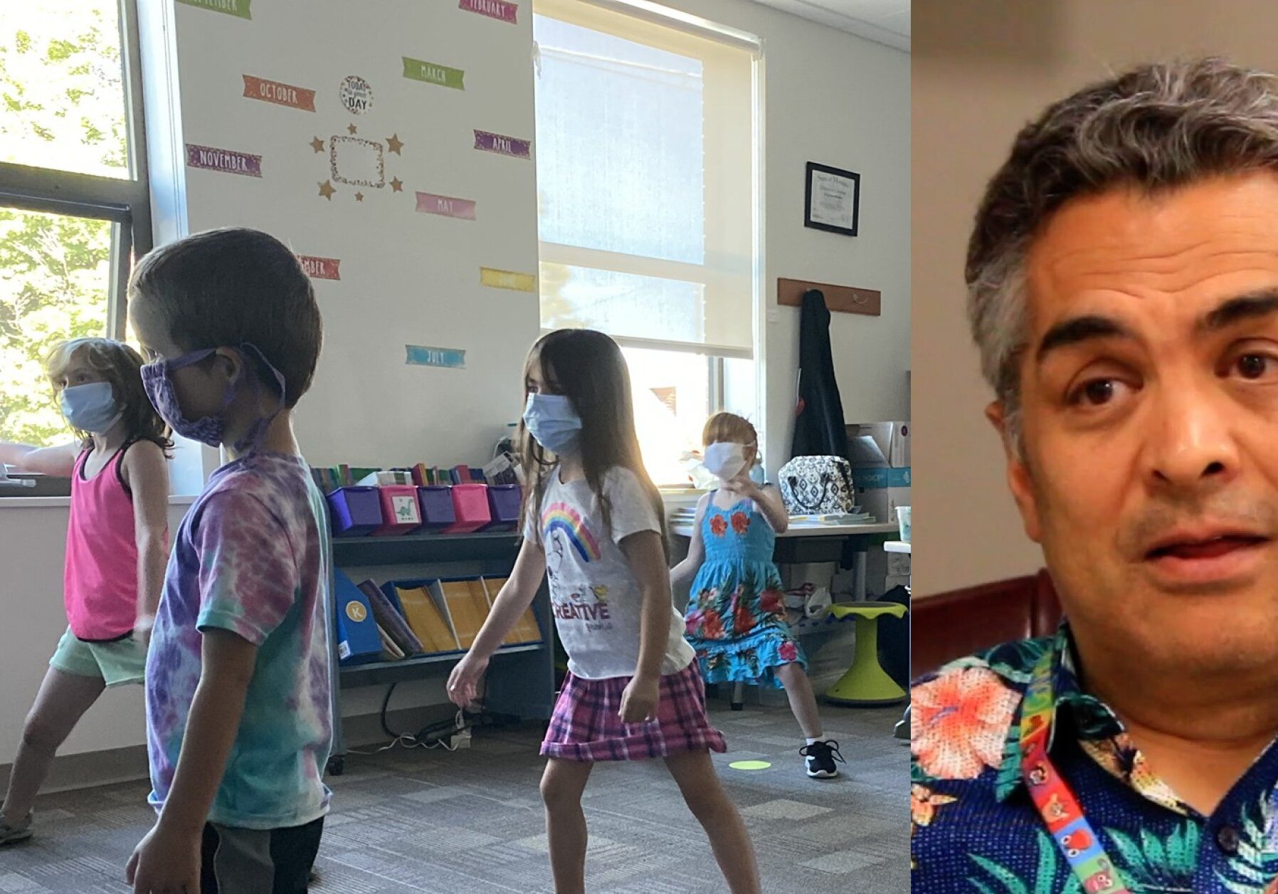 Missoula County Public School students (left) practice social distancing last August. Almost a year later Superintendent Rob Watson (right) plans to mandate masks again.