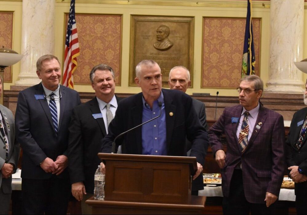 Montana Freedom Caucus members stand behind Congressman Matt Rosendale as he delivers remarks during MTFC "Celebrate Courage" kickoff event. (Photo: Darin Gaub)