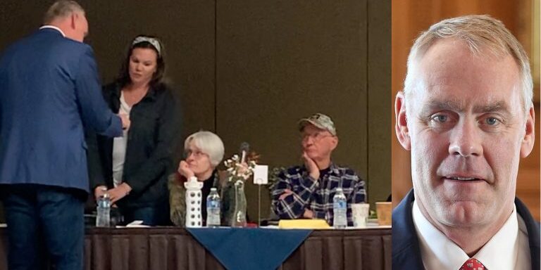 Ryan Zinke instructs Flathead Liberty Coalition member Lauralee O'Neil not to question loyalty, oath of office after questions about voting record.