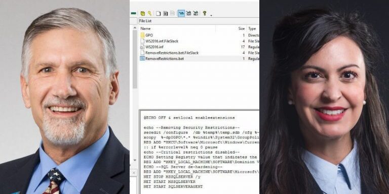 Brad Tschida (HD-97) (left), Secretary of State Christi Jacobsen (right), Election Management System de-hardening batch file (<a href="https://t.me/CodeMonkeyZ/1113" target="_blank" rel="noopener">CodeMonkeyZ</a>) (center)