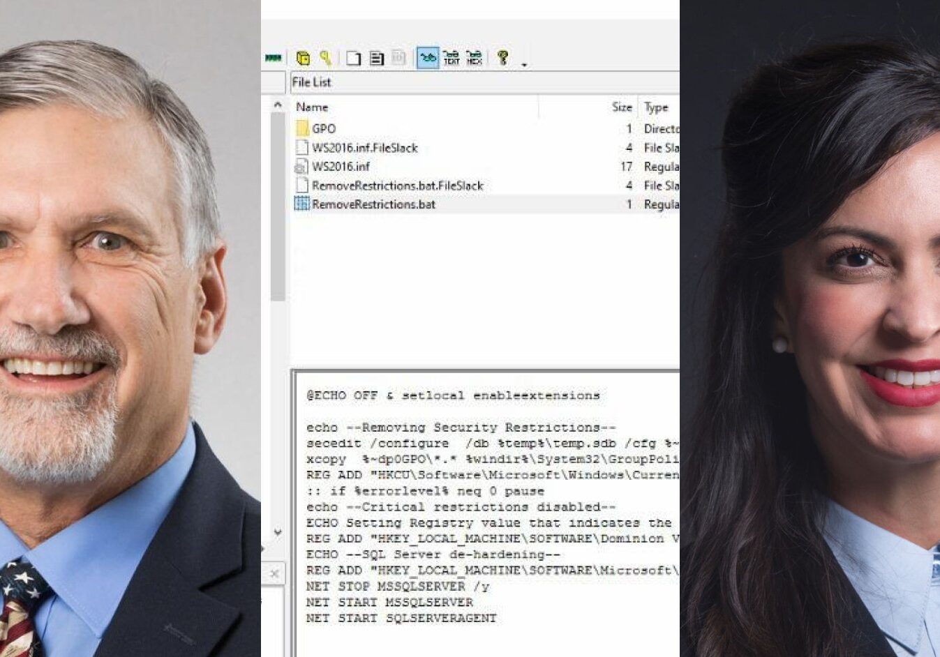 Brad Tschida (HD-97) (left), Secretary of State Christi Jacobsen (right), Election Management System de-hardening batch file (<a href="https://t.me/CodeMonkeyZ/1113" target="_blank" rel="noopener">CodeMonkeyZ</a>) (center)